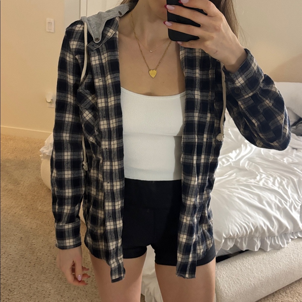 Forever 21 Navy Plaid Shirt with Gray Hoodie hooded button down flannel